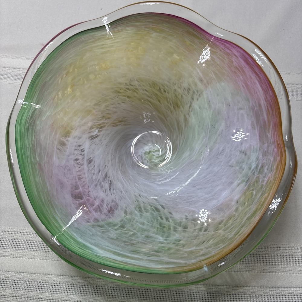 Murano Style Art Glass Centerpiece Bowl Wavy Edge Vibrant Swirling Design
